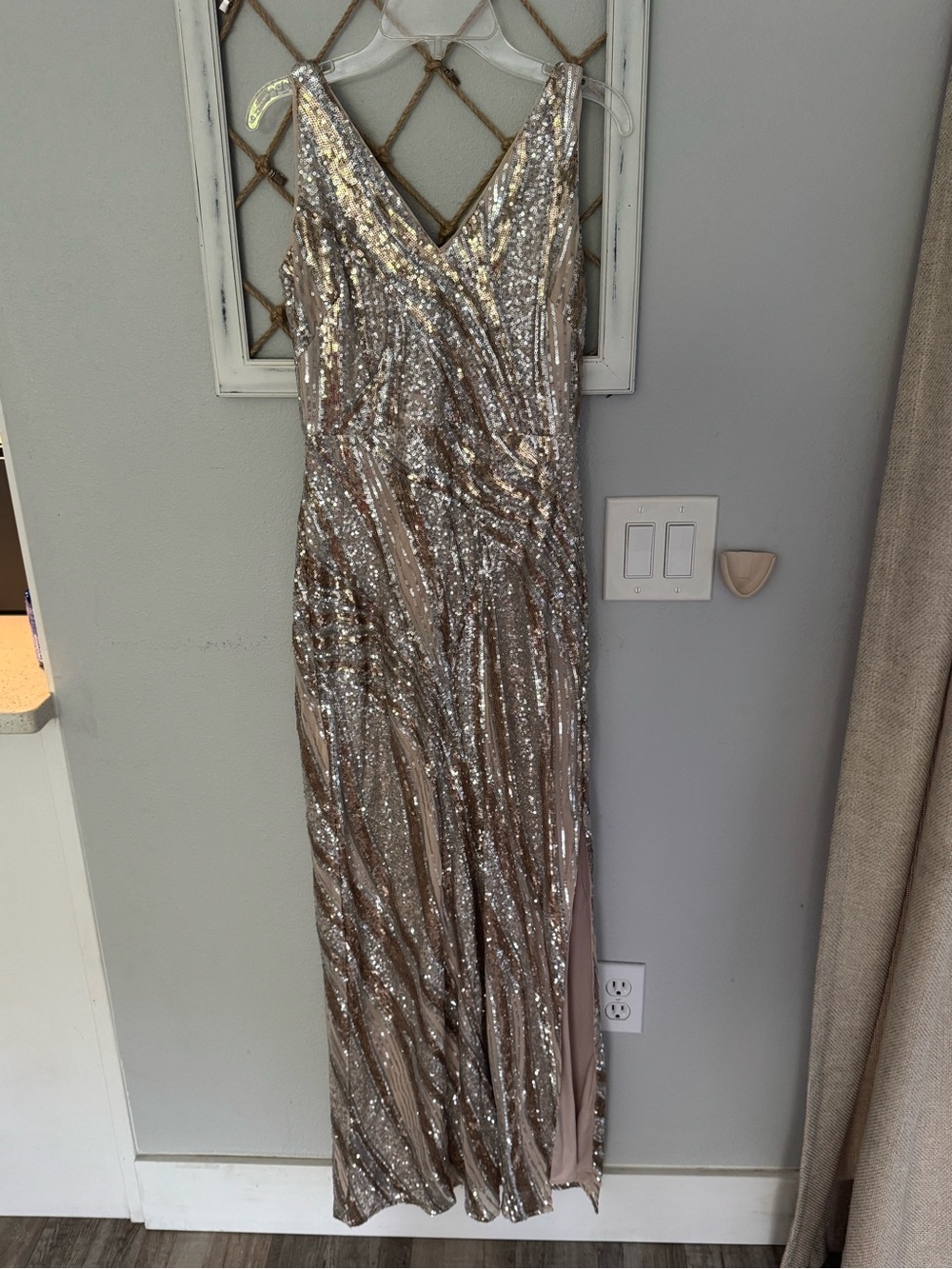 Night Way Collections Champagne Sequin V-Neck Maxi Dress
